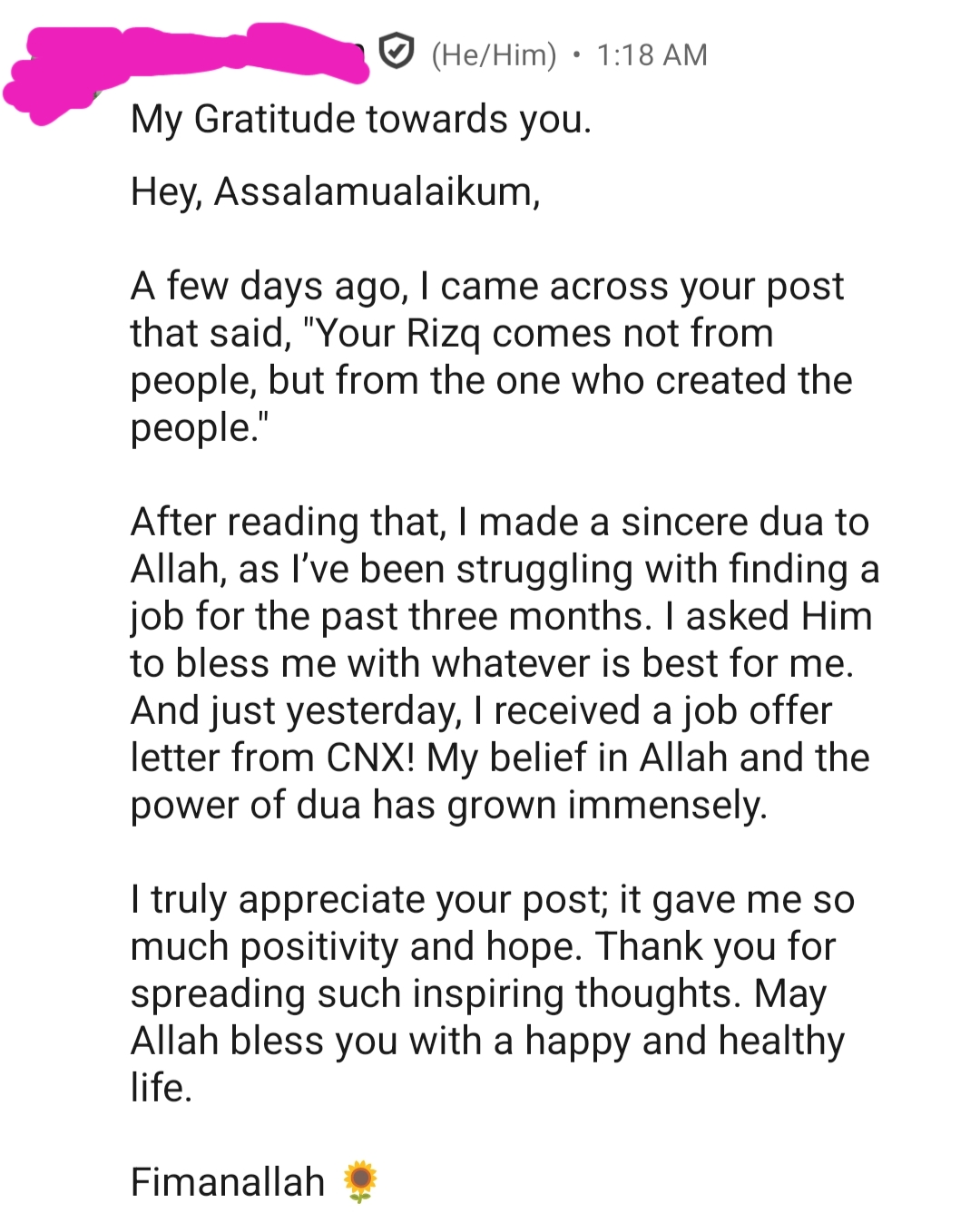Mentee received a job offer letter from CNX